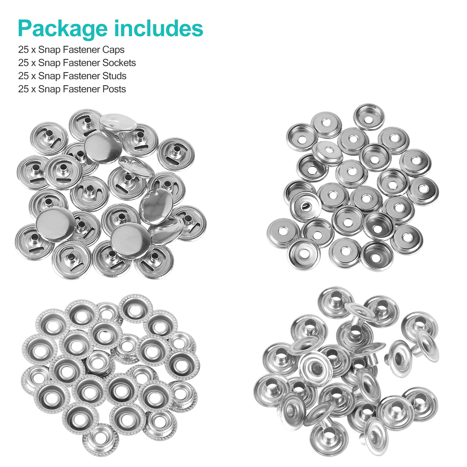 100Pcs Metal Heavy Duty Fastener Snap Press Stud Cap Button Base Kit Marine Boat