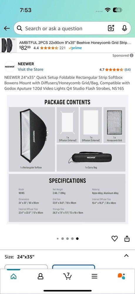 NEEWER 24''x35'' Quick Setup Foldable Rectangular Strip Softbox Bowens Mount