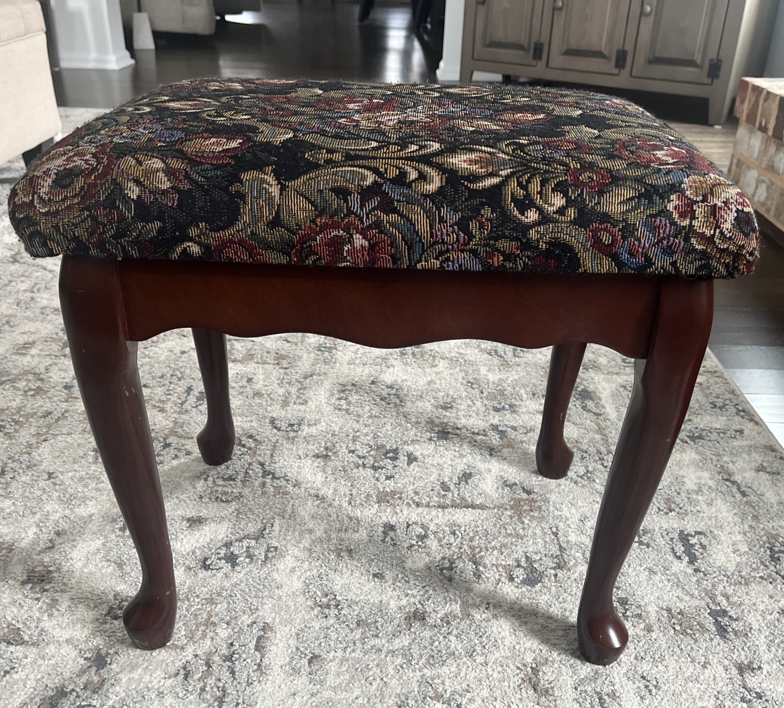 Vintage Wooden Upholstered Footstool Floral Tapestry Brown Stool