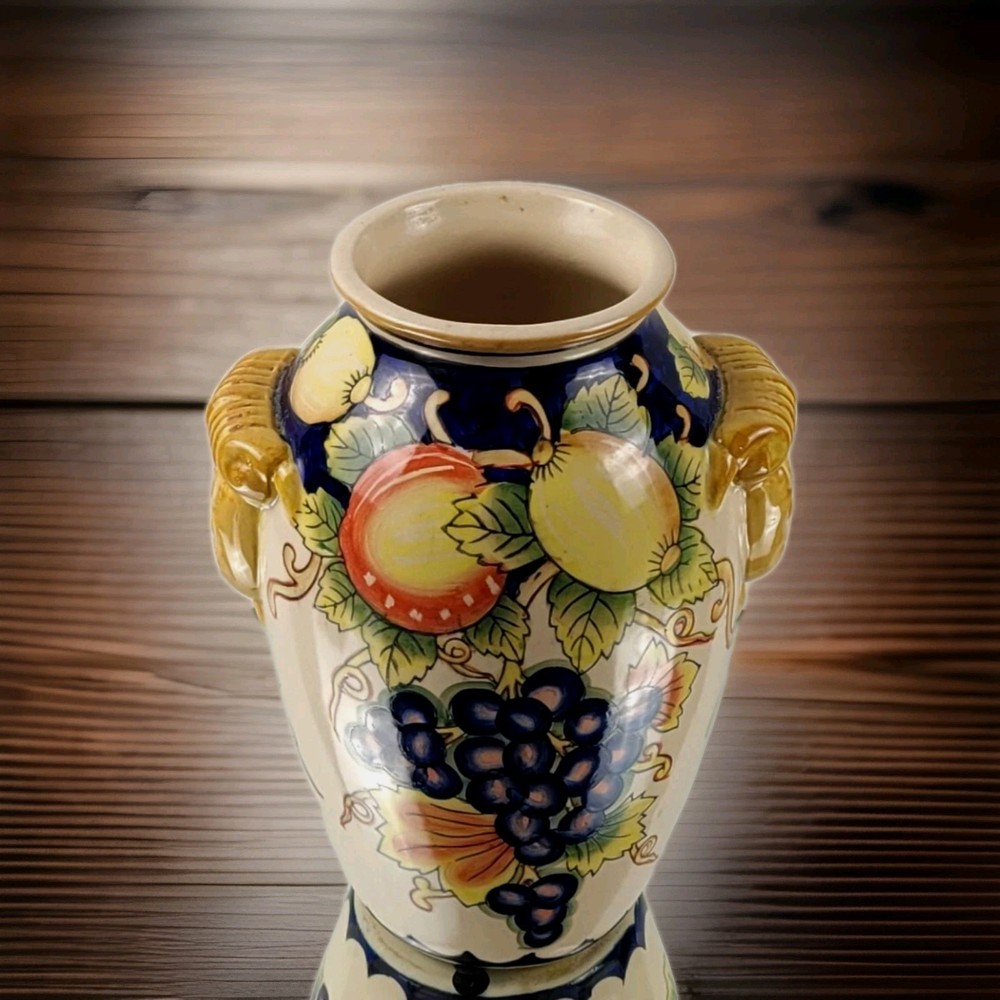 Decorative Vase - Hand-painted Fruit Pattern, Sculpted Handles