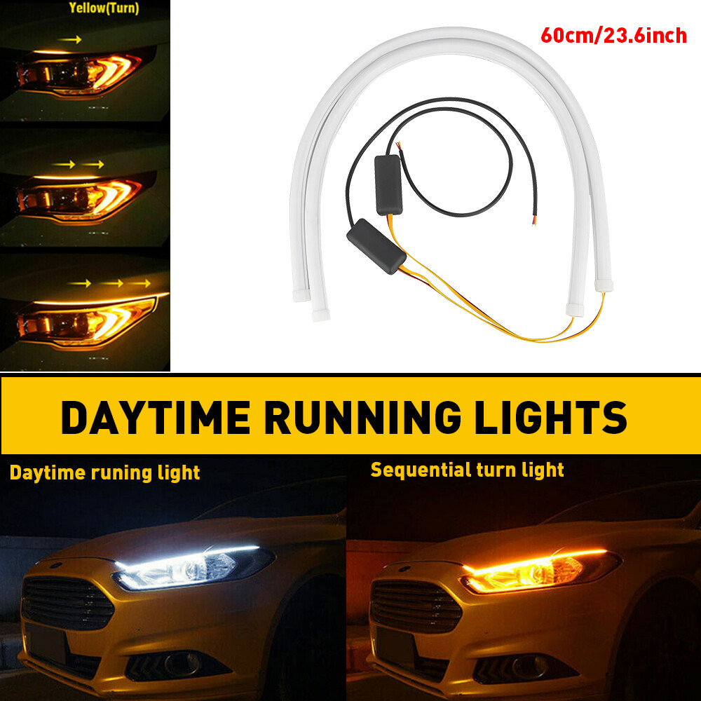 2 PCS White Amber 60cm LED Strip Daytime Runnning DRL Light Headlight Sequential