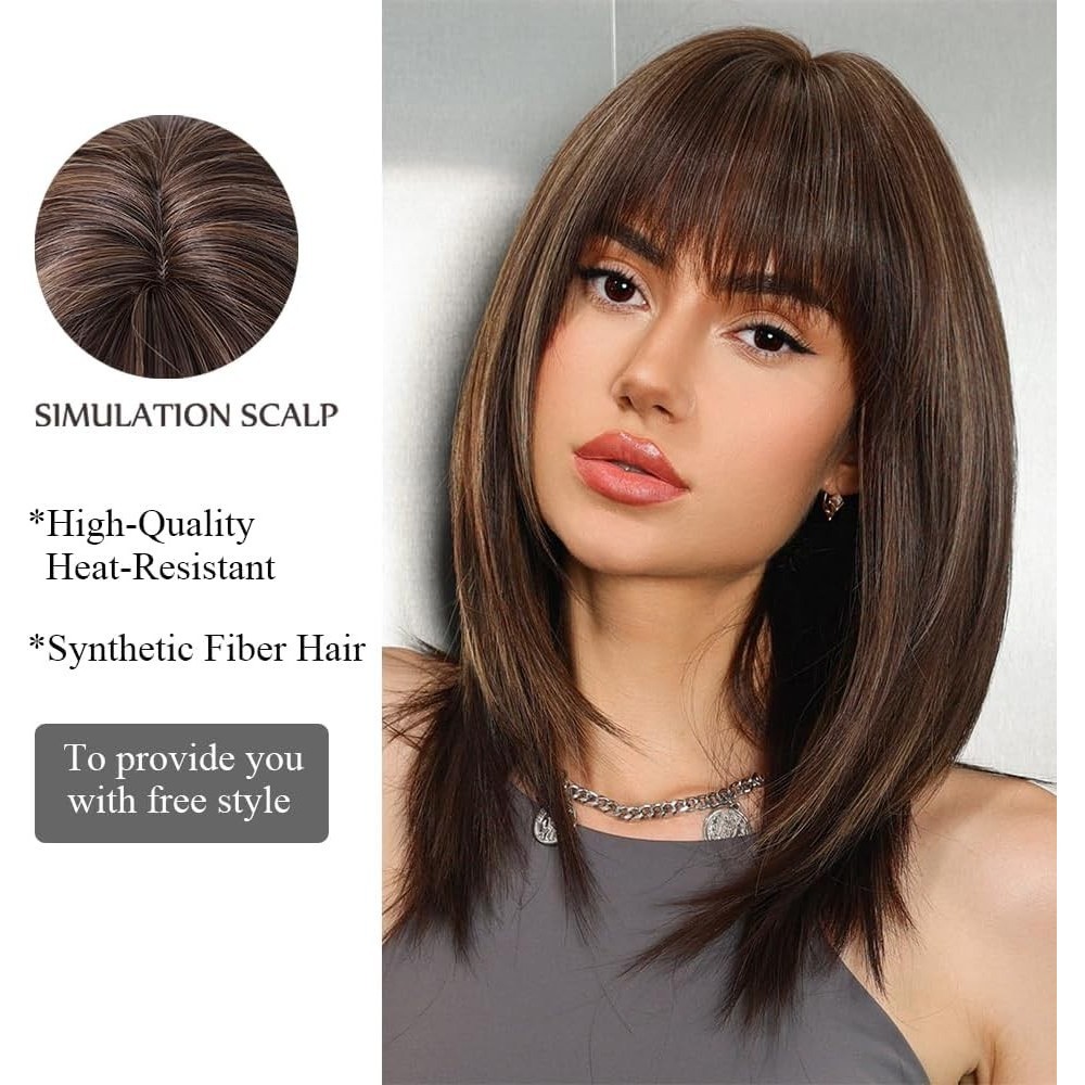 Straight Mixed Brown Heat Resistant Hair Women Cosplay Wigs With Bangs Soft