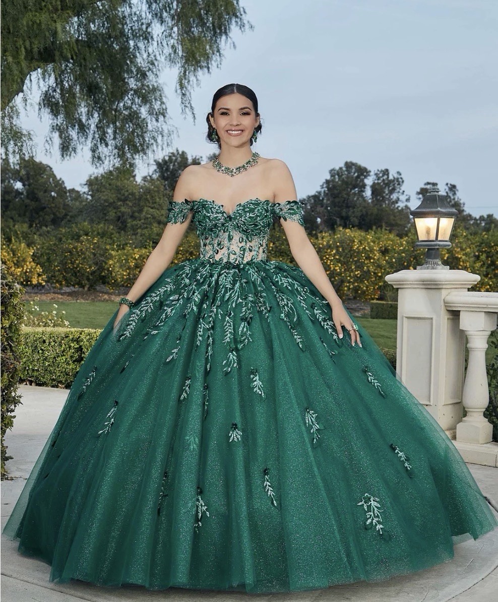 Green Off-Shoulder Ball Gown Dress with Floral Embellishments for Quinceañera