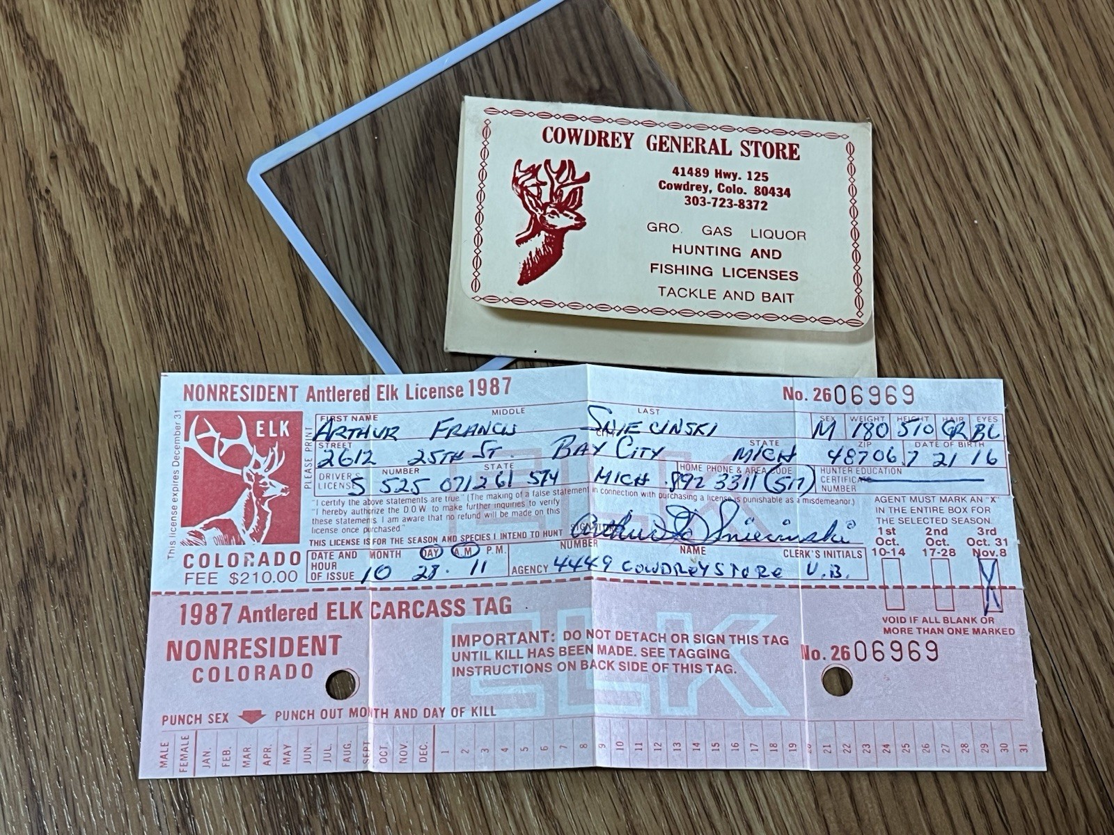 1987 COLORADO NON-RESIDENT ANTLERED ELK LICENSE Original Fee $210.00