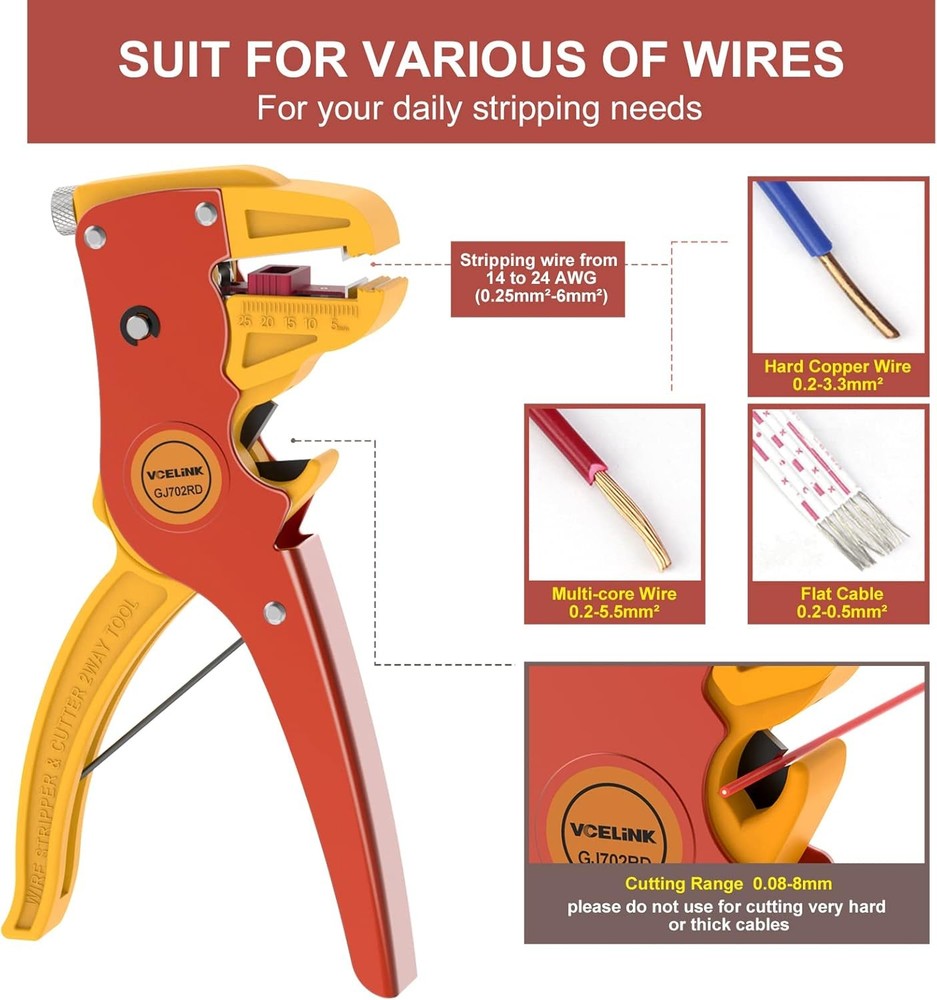 VCELINK Automatic Quickstrip Wire Stripper and Cutter, Professional Orange