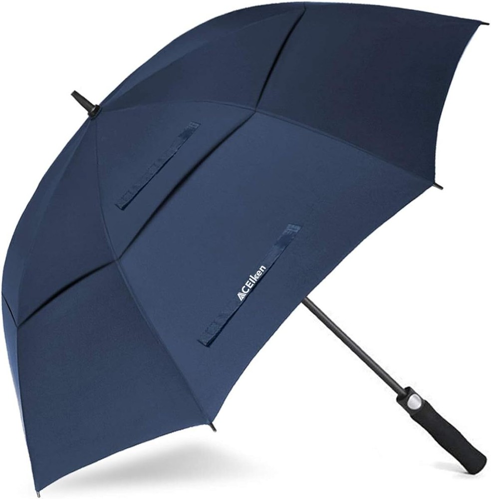 62 Inch Large Automatic Open Blue Windproof Umbrella Double Canopy With Eva Grip