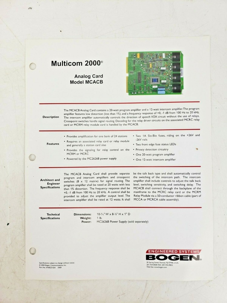Bogen Multicom 2000 Analog Card MCACB Intercom System Used AS IS #10