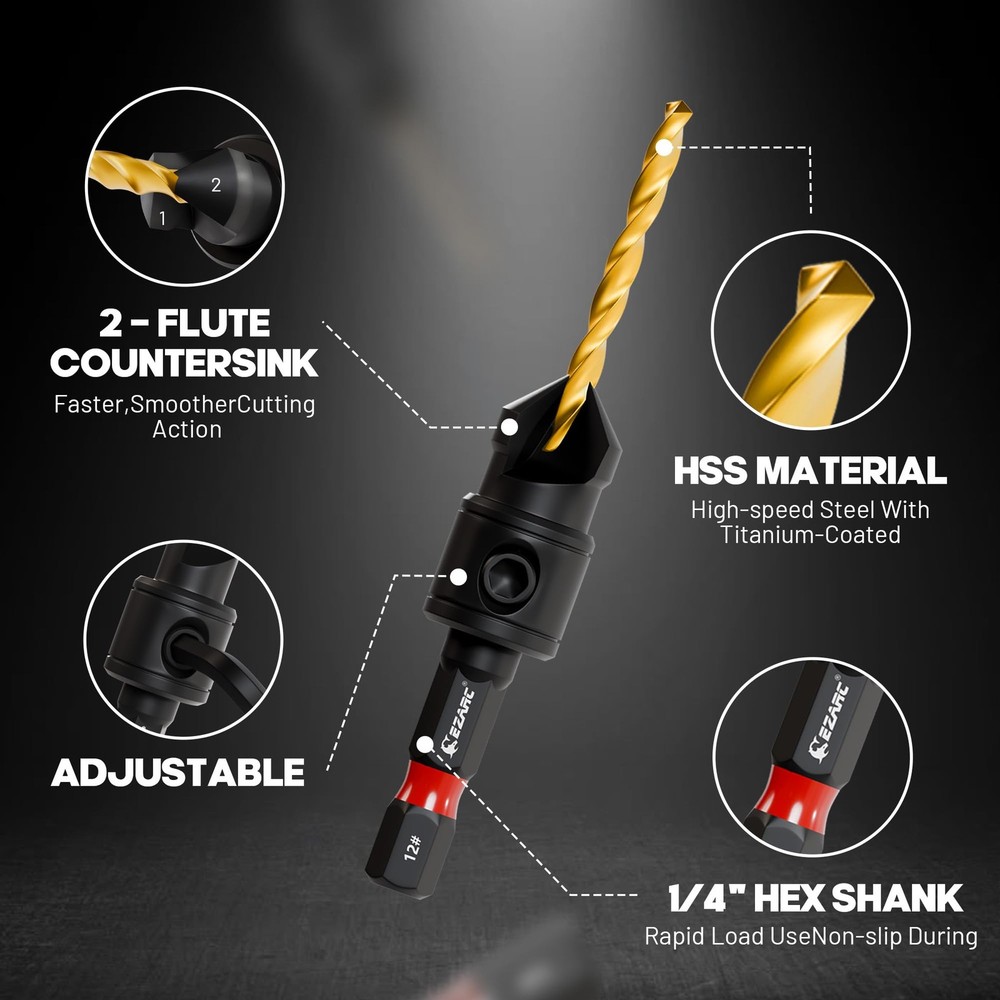 EZARC Countersink Drill Bit Set, 12 PCS Counter Sink Adjustable,...