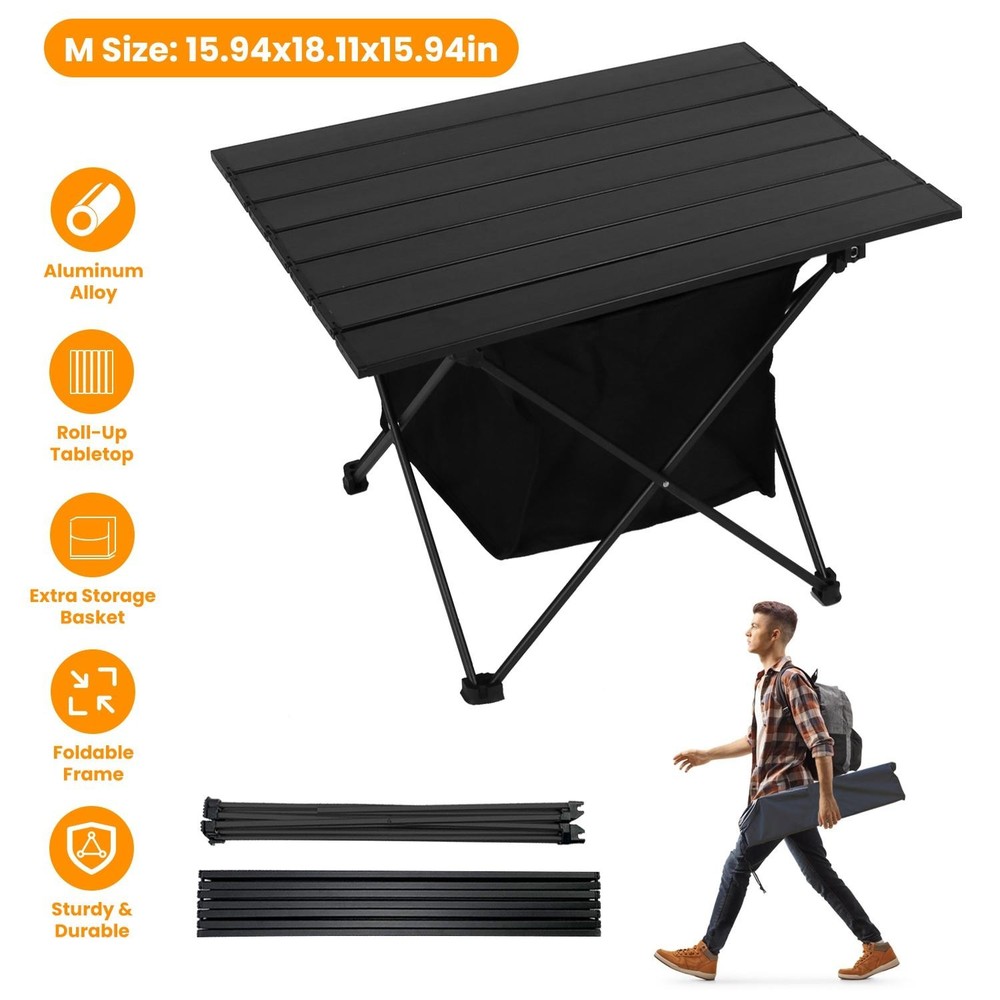 Foldable Camping Table Rustproof Portable Aluminum Alloy Roll-Up Table w/ Basket
