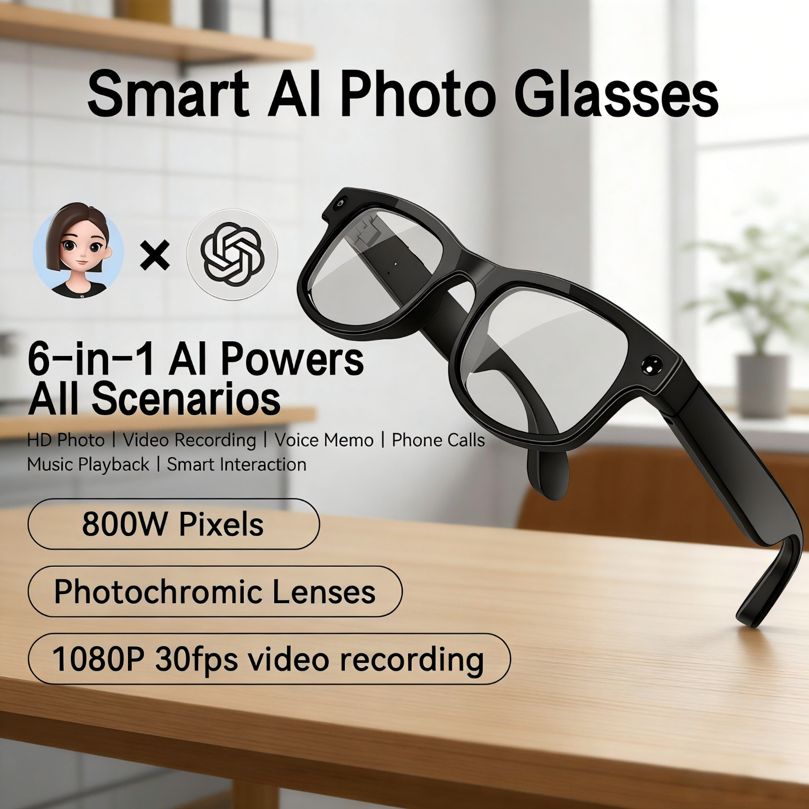 AI Smart Glasses 8MP Camera 4k HD Video Real-Time Translation Image Recognition
