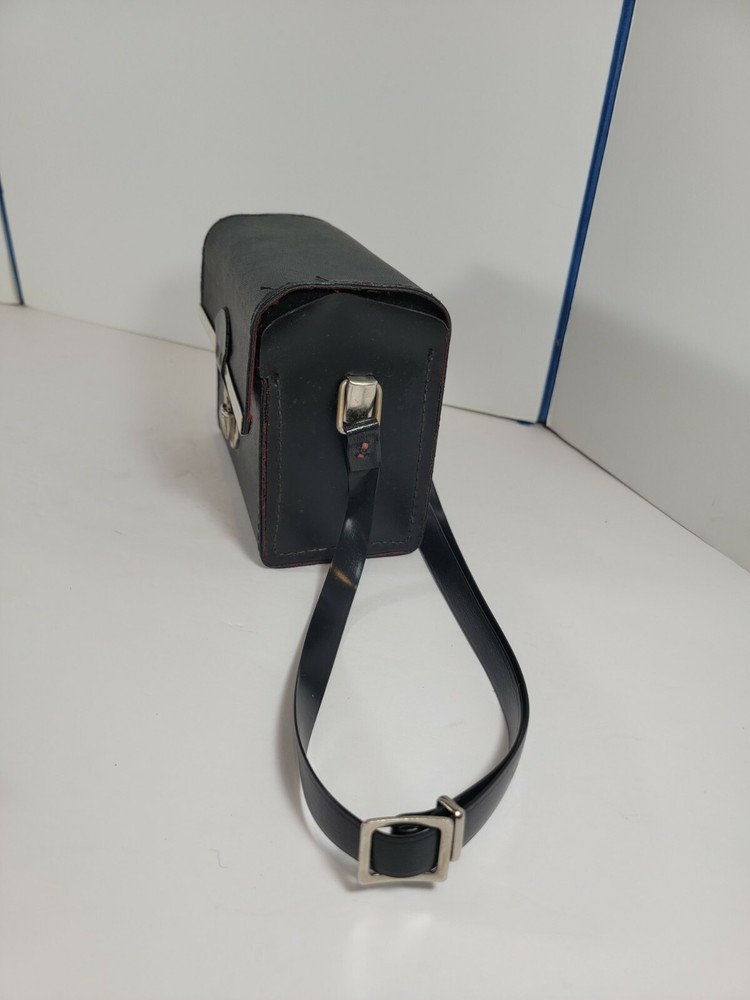 Vintage Hard Leather Black Binocular Case with Snap Closure, Suede Lined, strap