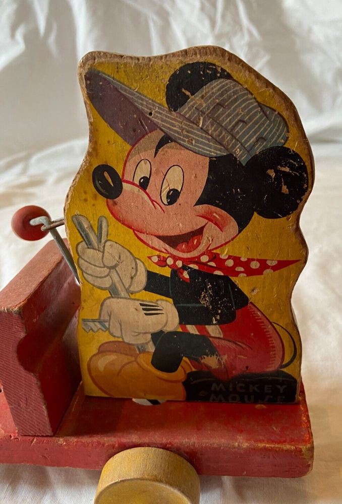 Vintage PARTIAL Wood Pull Toy Walt Disney Mickey Mouse Train Missing Front