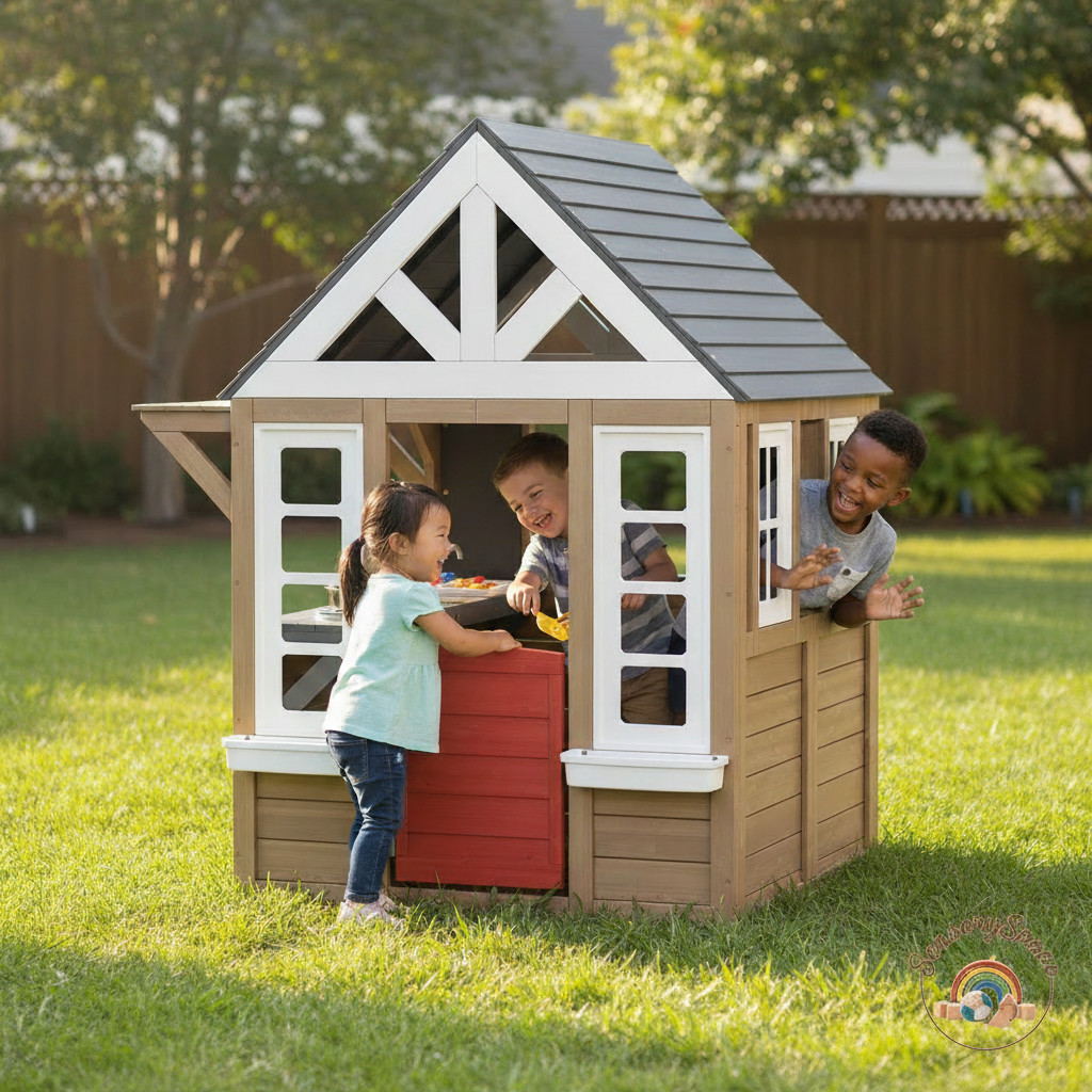 Outdoor Kids Cedar Wooden Playhouse Cottage w/ Kitchen Play Set - Free Shipping