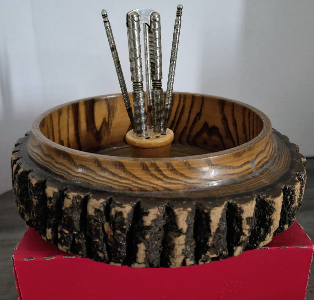 Wood Tree Bark Wooden Nutcracker Bowl Set With Nutcracker & 3 Picks