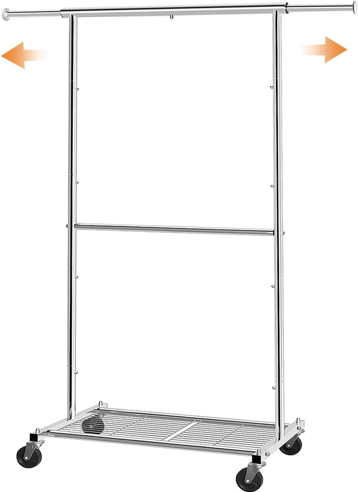 Extendable Chrome Garment Rack with Wheels and Bottom Shelf