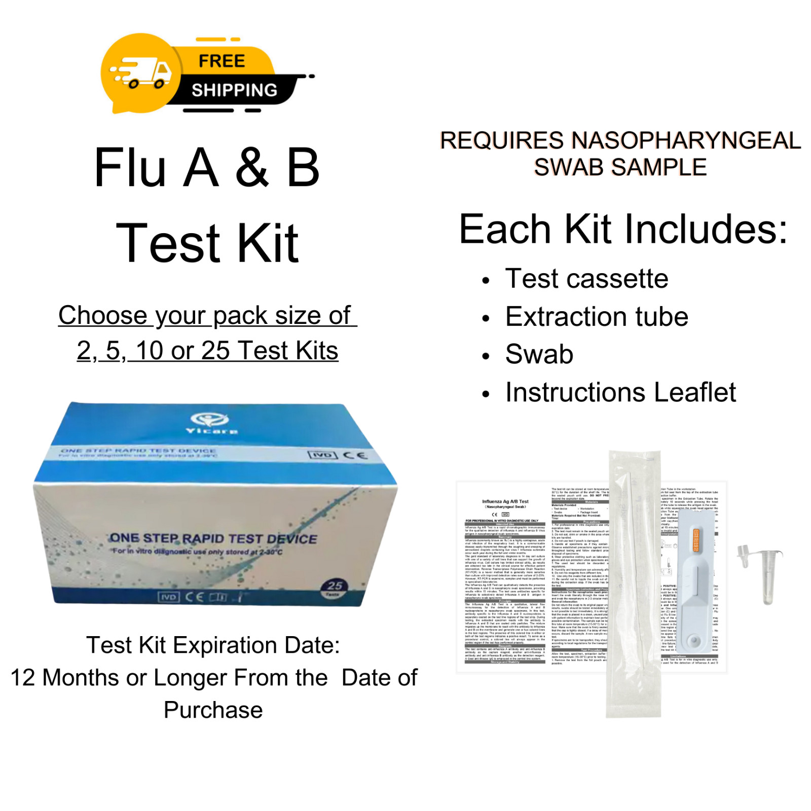 Flu A & B Test Kit - Pack 2, 5, 10, 25 (Free Shipping!)