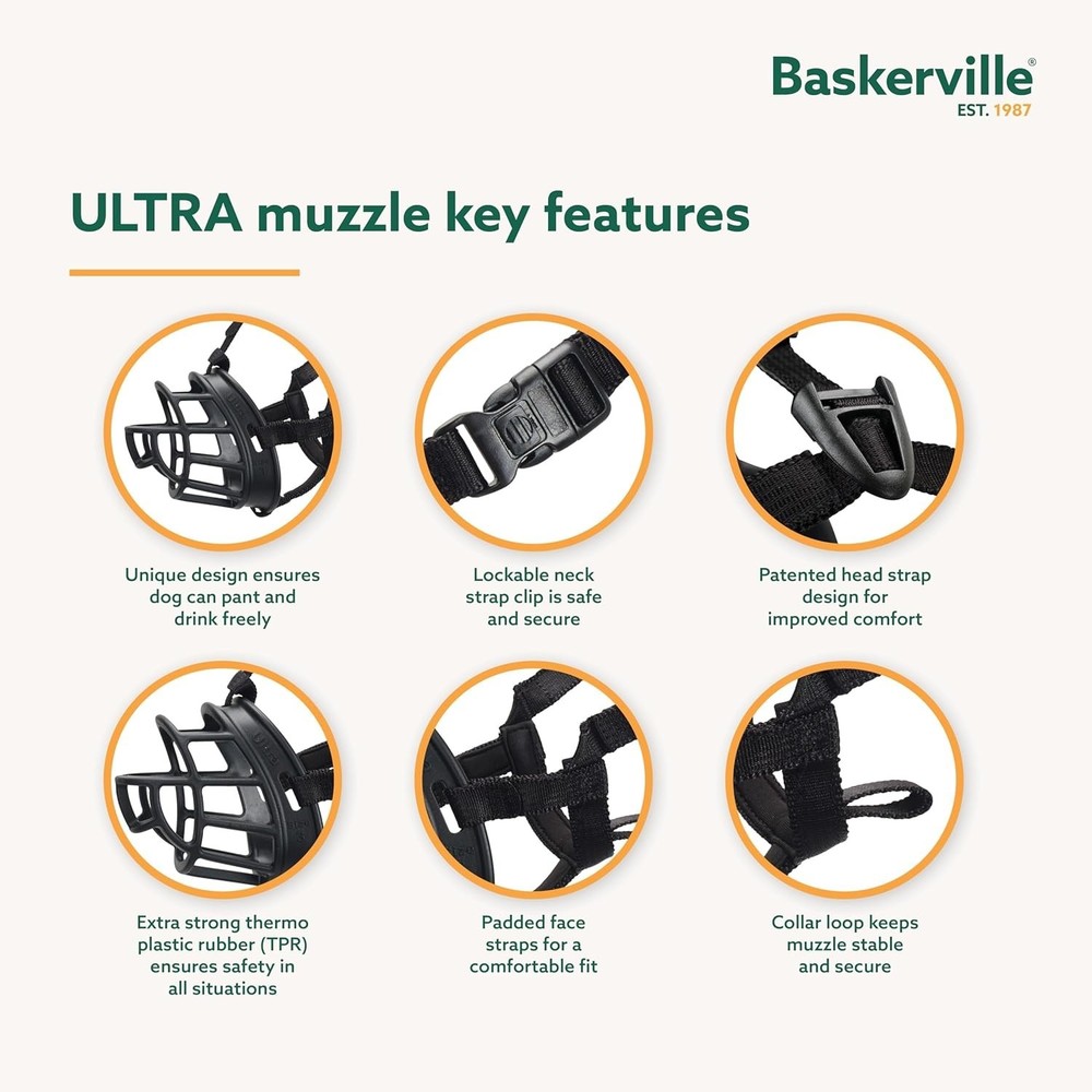 BASKERVILLE Size 5 Dog Muzzle - Humane, Lightweight & Adjustable for Large Dogs