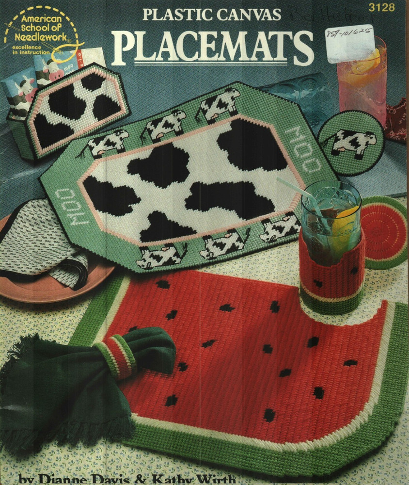 PLACAMATS & COASTERS 5 SETS BEAR ROSE COW WATERMELON PLASTIC CANVAS PATTERN BOOK