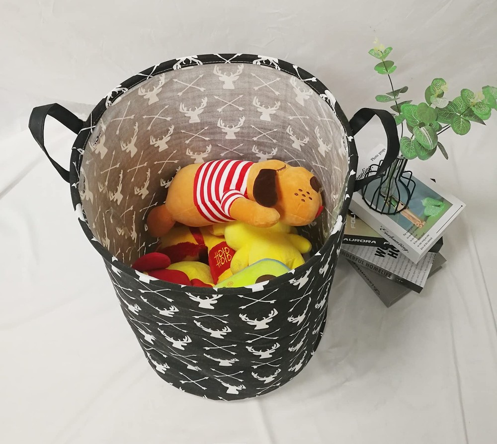 Round Laundry Hamper Deer Pattern Storage Organizer Basket Handles Bin Decor