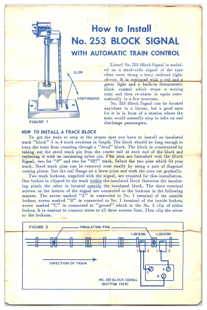 Original Lionel - No.253 Block Signal With Automatic Train Control Instructions