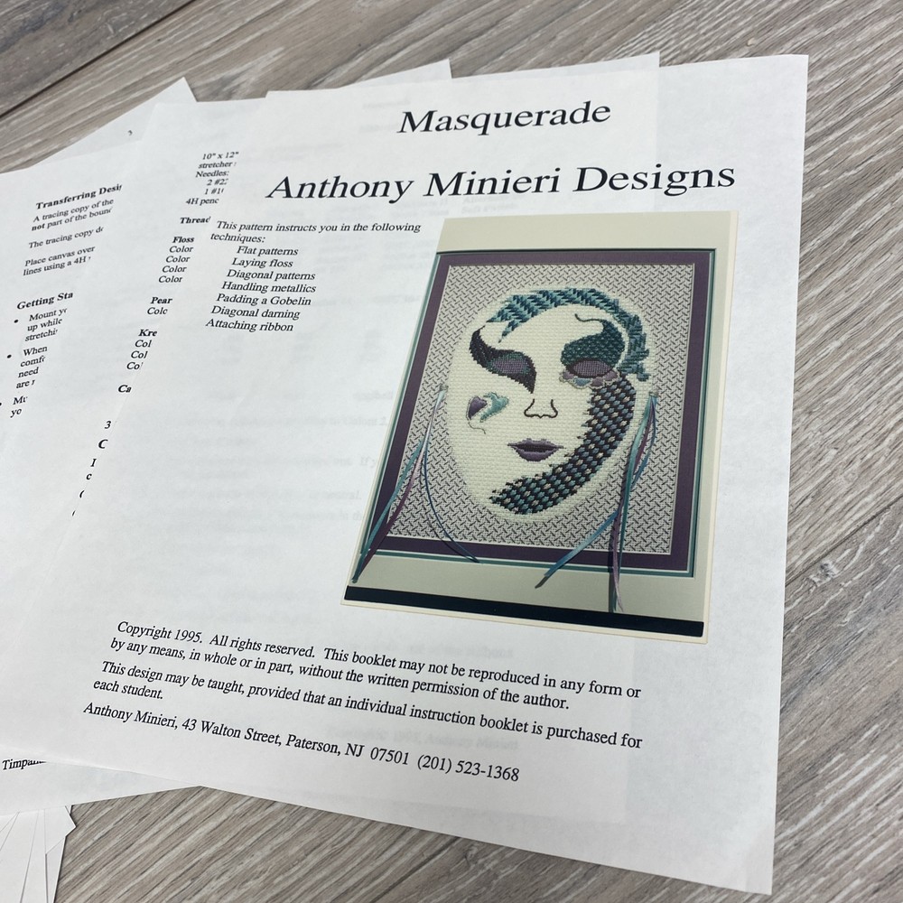 Tony Minieri Needlepoint Masquerade Mask Chart Pattern Guide ONLY Anthony AMD