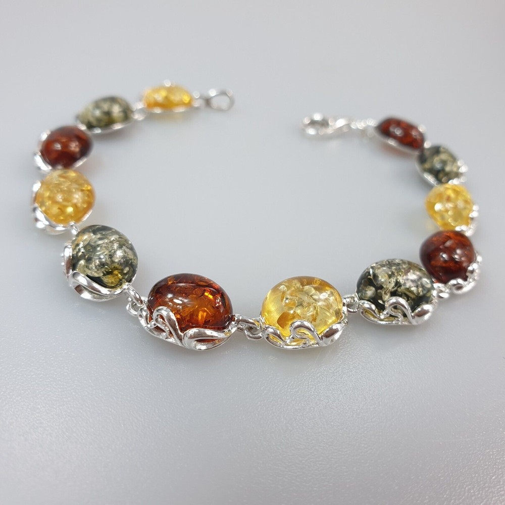 Multicolored Amber Bracelet Silver 925 Adjustable Large Handmade Gifts