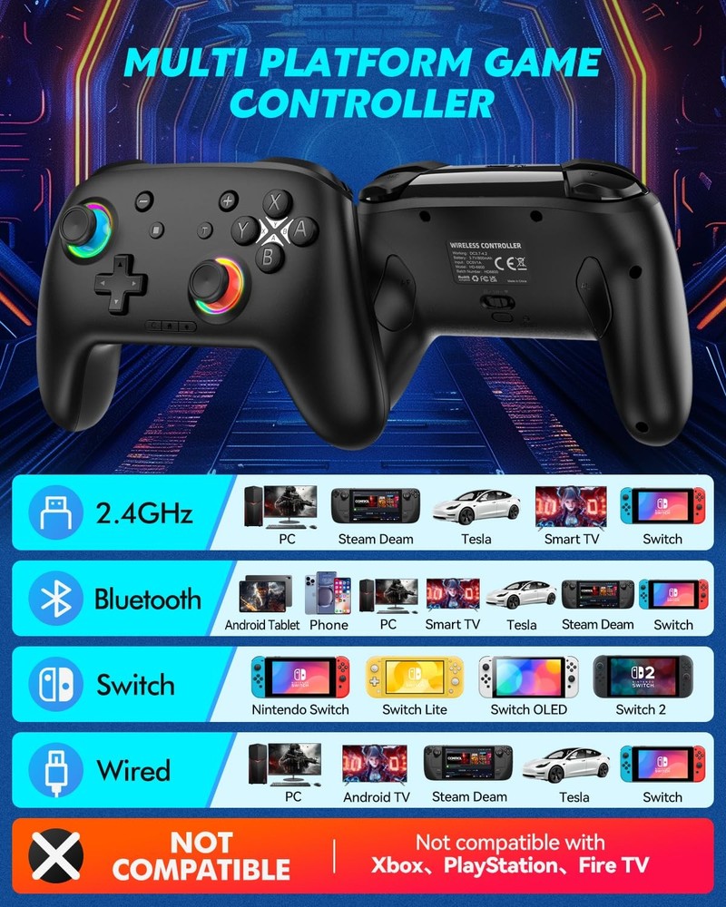 Hall Effect Bluetooth Controller with 2.4G Adapter, Wireless Switch Black