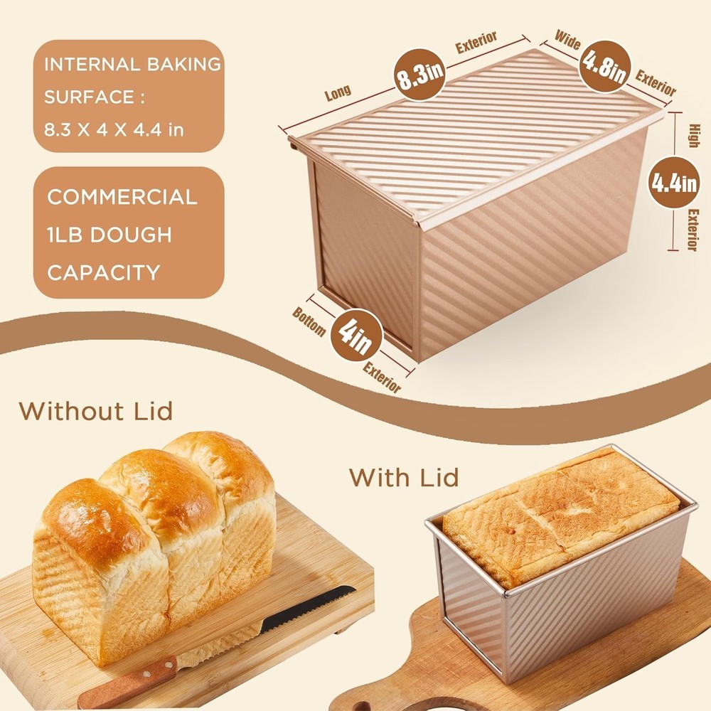 Pullman Loaf Pan with Lid, 1 lb Dough Capacity Non-Stick Bakeware for Baking ...