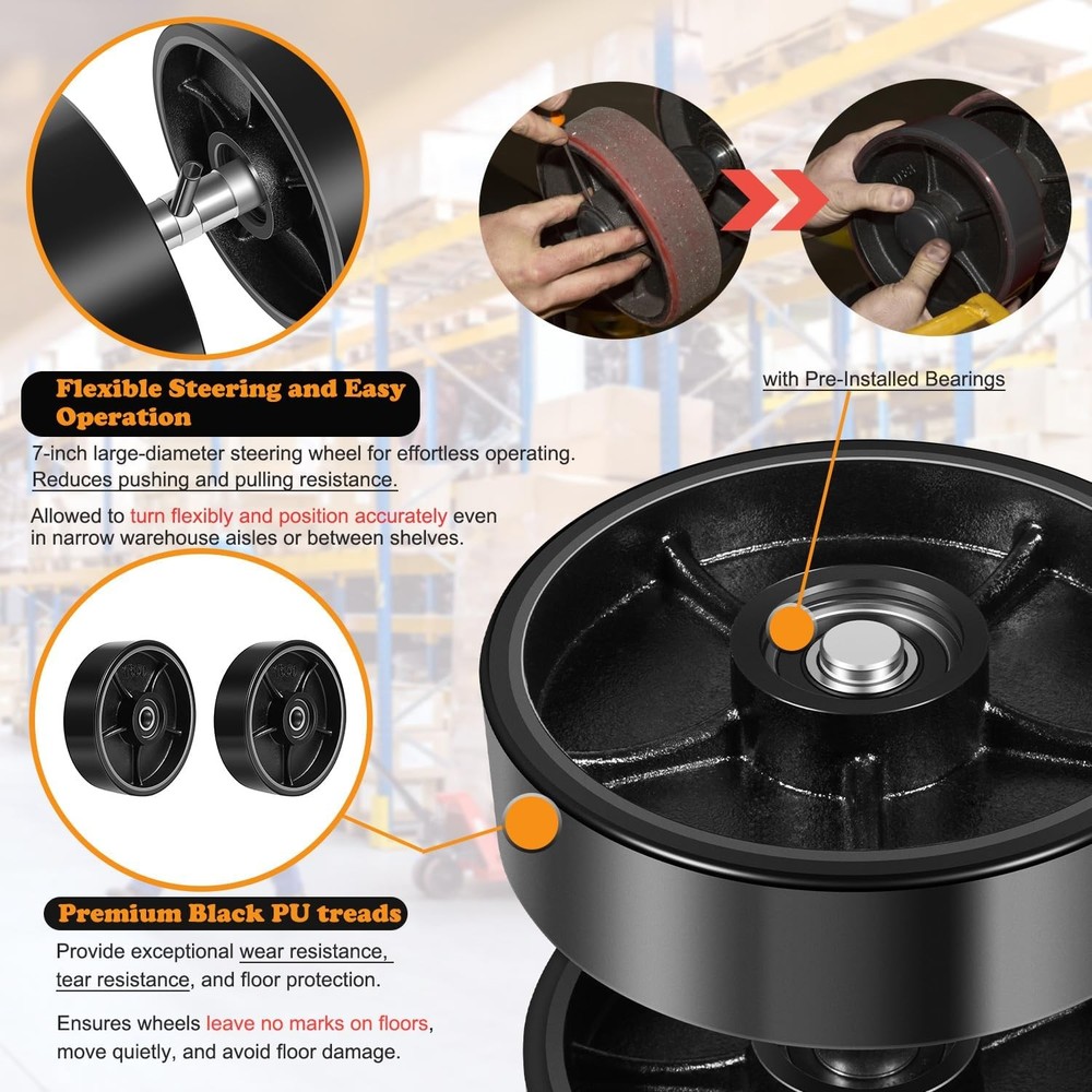 PTH50 Pallet Jack Full Wheels Replacement Set with Axles, 7"x 2" Steering Wheels