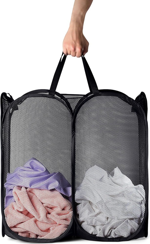 Mesh Popup Laundry Hamper - Two Compartments, Collapsible for Storage and Easy
