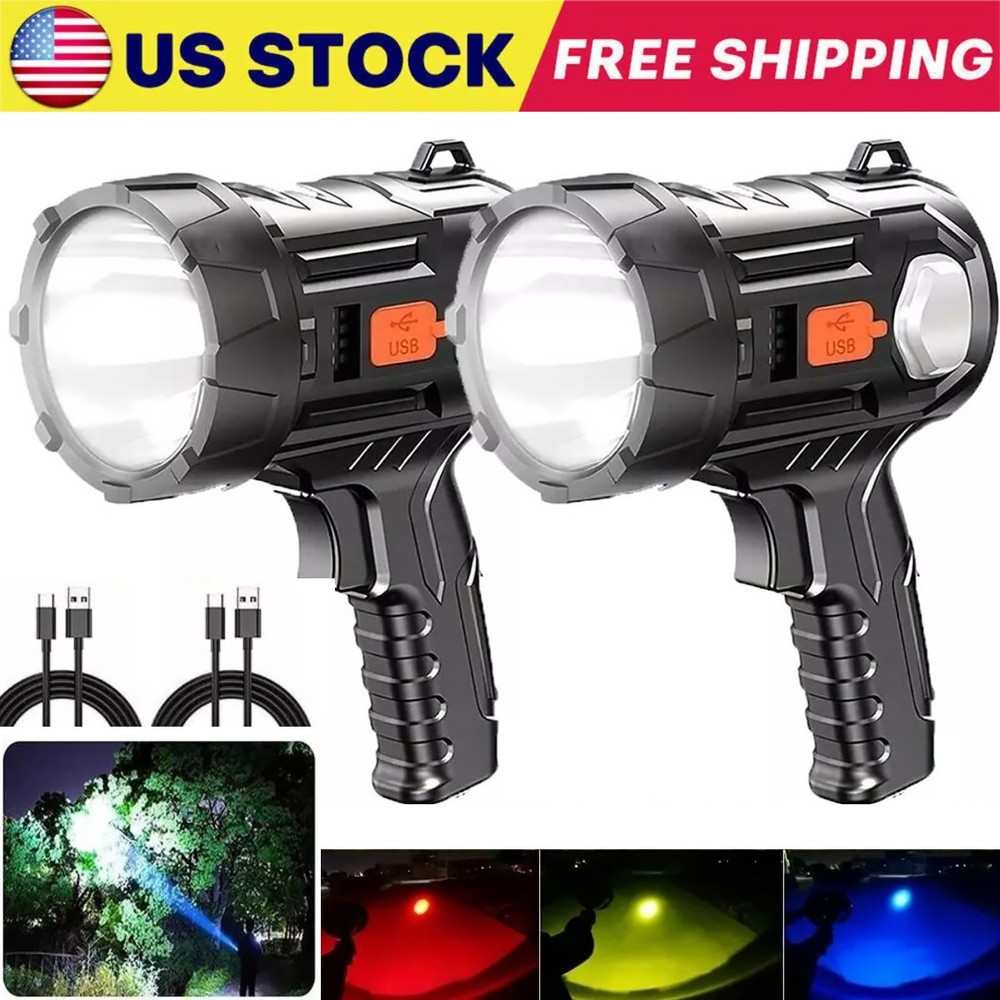 2x 90000000LM Bright Solar/USB Rechargeable LED Spotlight Flashlight Searchlight