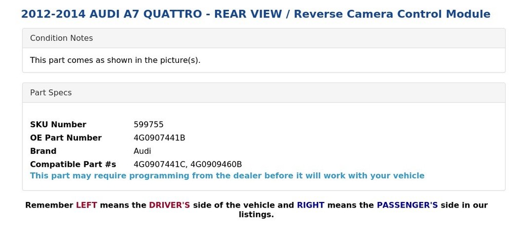 2012-2014 AUDI A7 QUATTRO - REAR VIEW / Reverse Camera Control Module