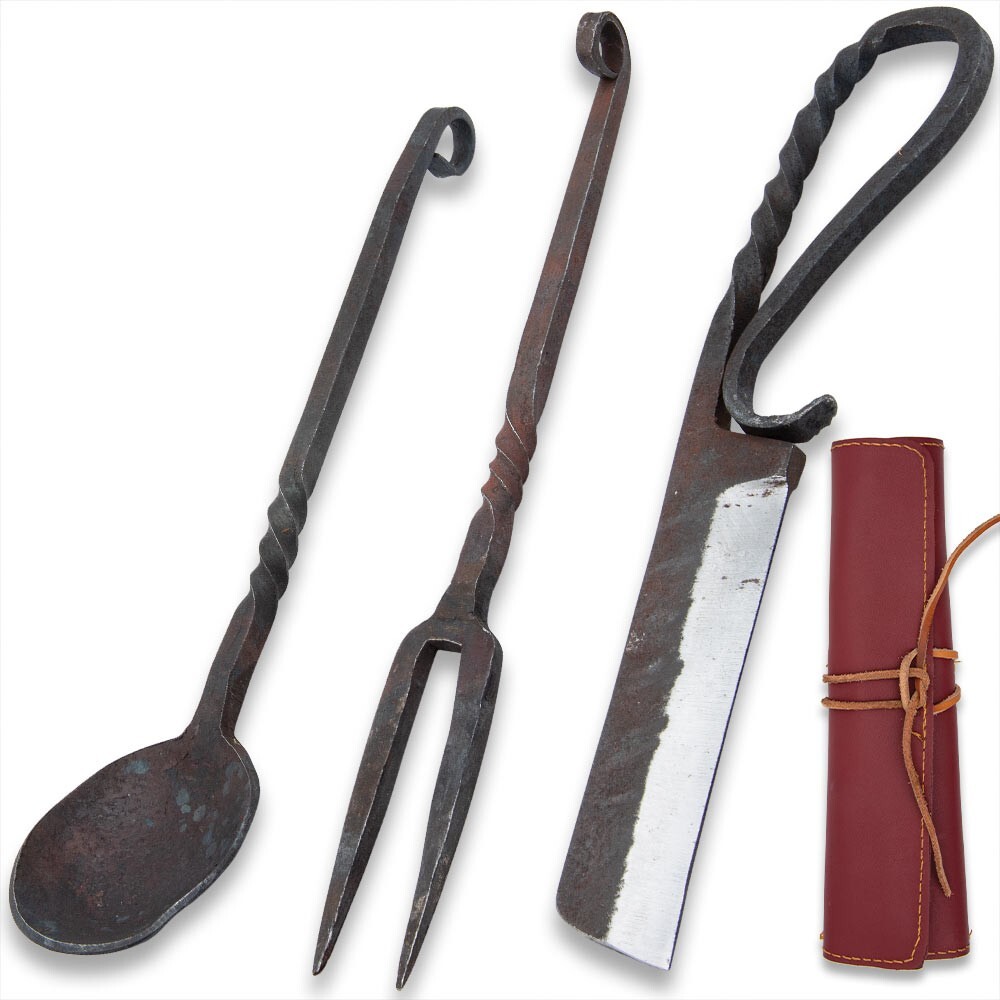 The Ironsmith Co. Pioneer Dining Set Includes Knife, Spoon, Fork | Leather Pouch