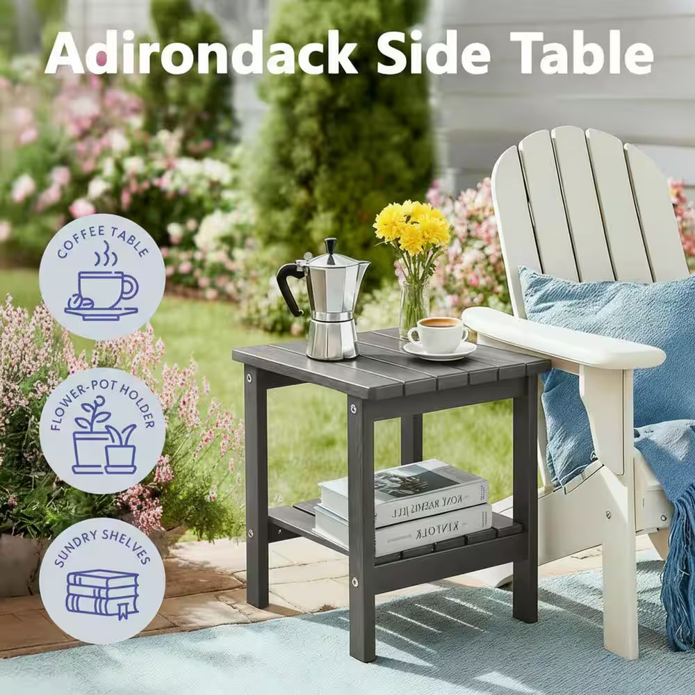 17 In. Grey Rectangular Patio Outdoor Side Table with Storage