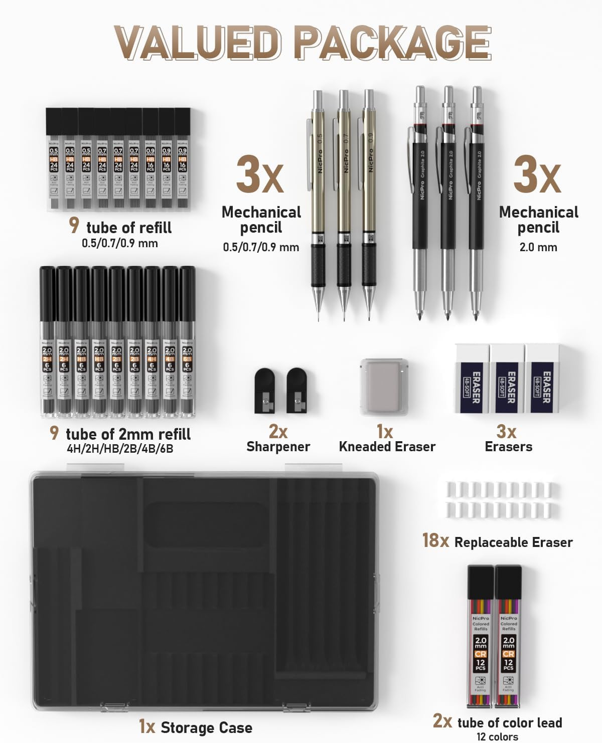 35PCS Art Mechanical Pencils Set, 3 PCS Metal Drafting Pencil 0.5 mm & 0.7 mm &