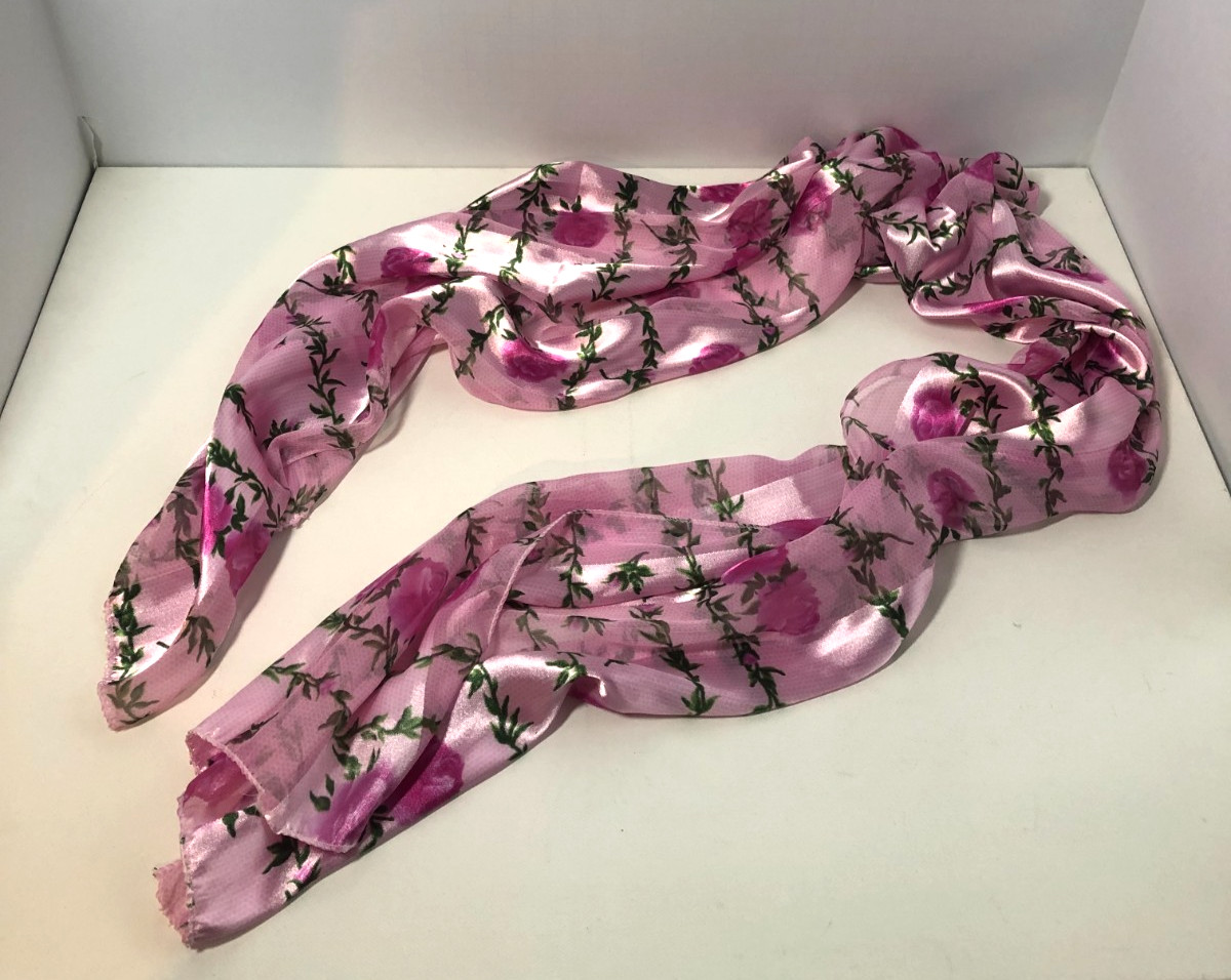 Vintage Pink and Green Scarf, Flower Design, Nylon/Polyester Blend, 57.5" x 12"