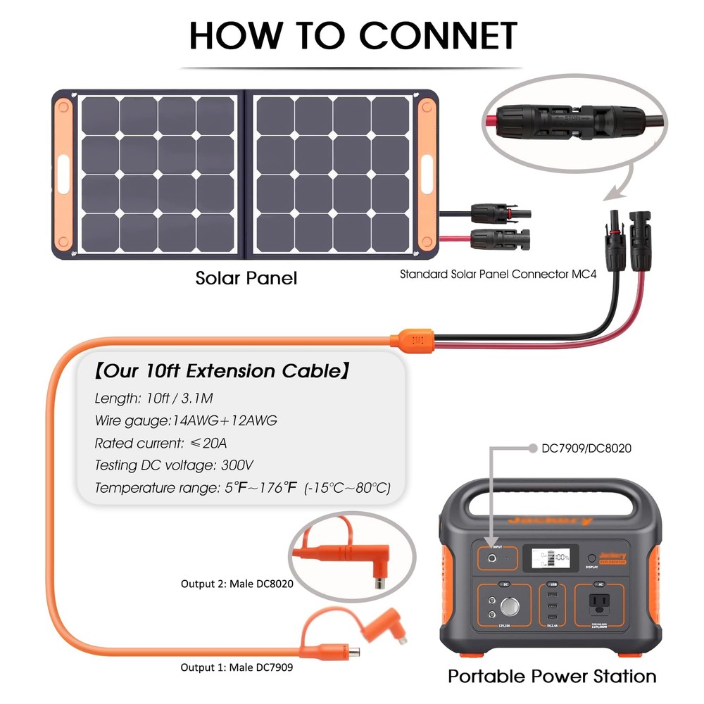 10FT MC4 to 8mm Adapter Cable for Jackery | Universal Solar Panel Connector a...