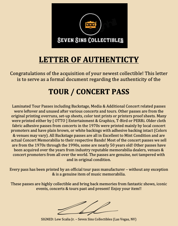 Kiss Authentic Asylum Tour Backstage All Access Concert Pass Ticket Simmons COA