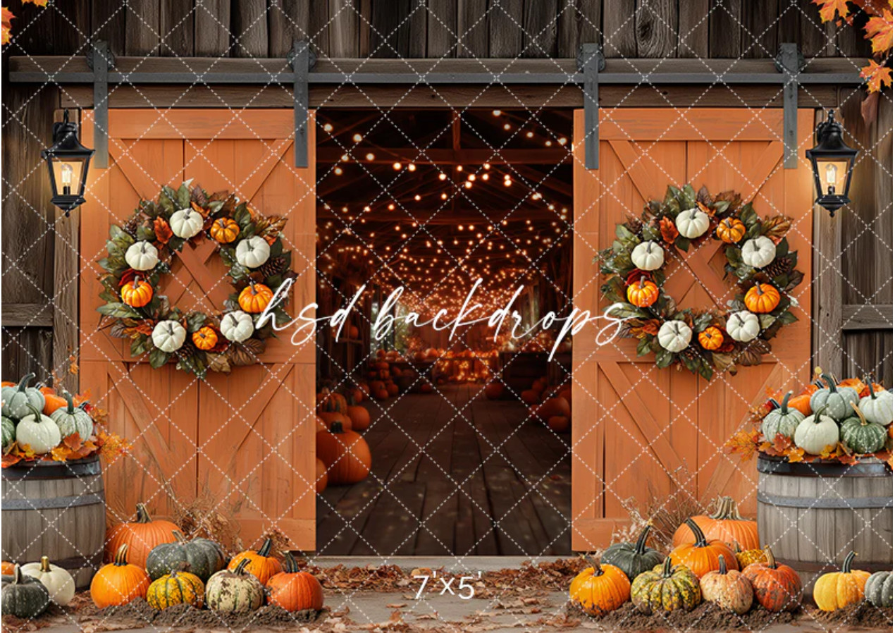 HSD Fall Barn Doors & pumpkins 7x5 royal fleece Backdrop for photography
