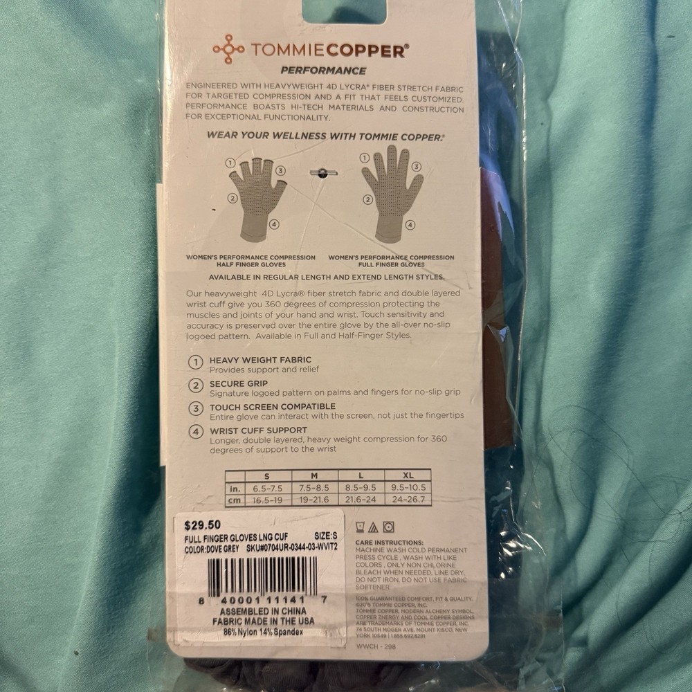 Tommie Copper Performance Finger Gloves Gray Compression Support Grip Small