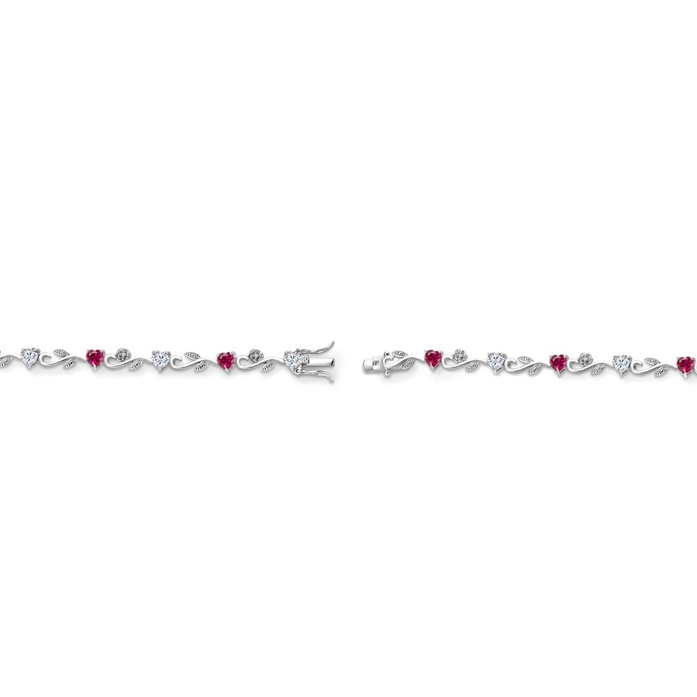 925 Sterling Silver Heart Shape White Moissanite Created Ruby and White Lab