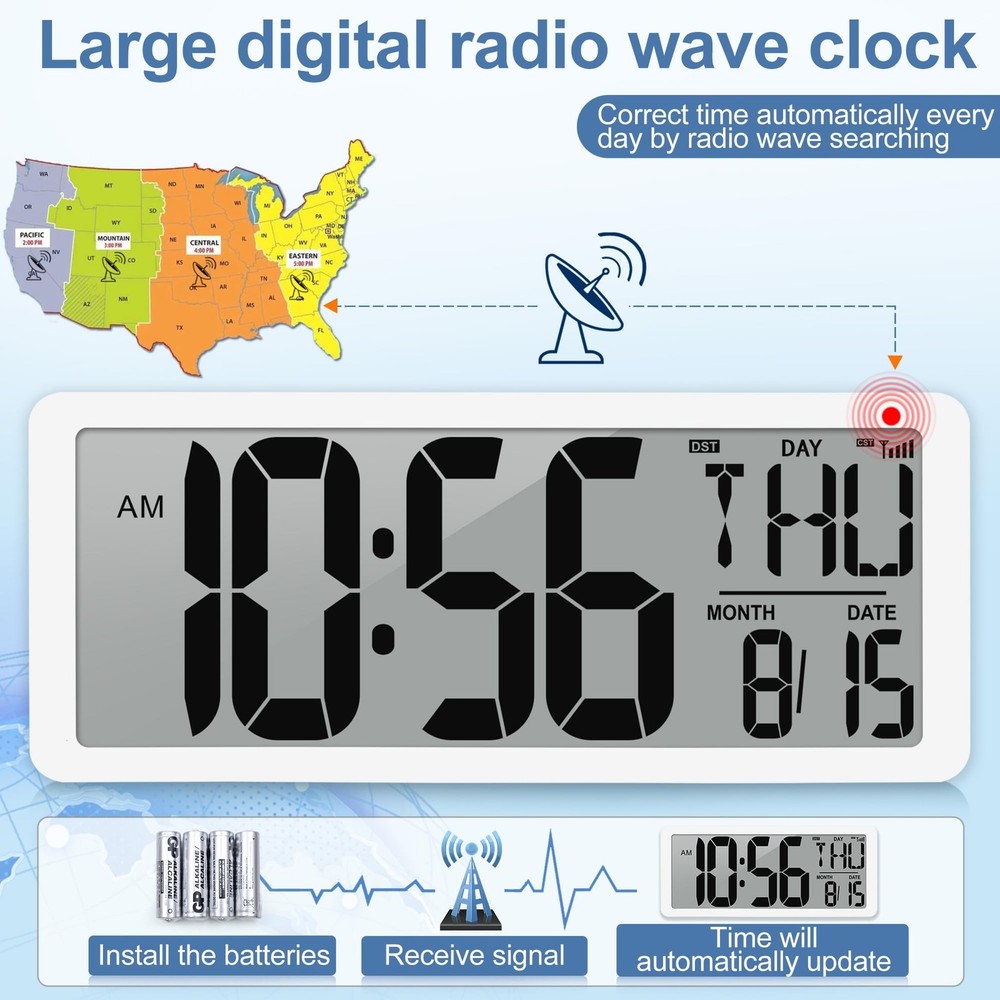 Atomic Clock 15" Digital Wall Clock Battery Operated Atomic Wall Clock Large ...
