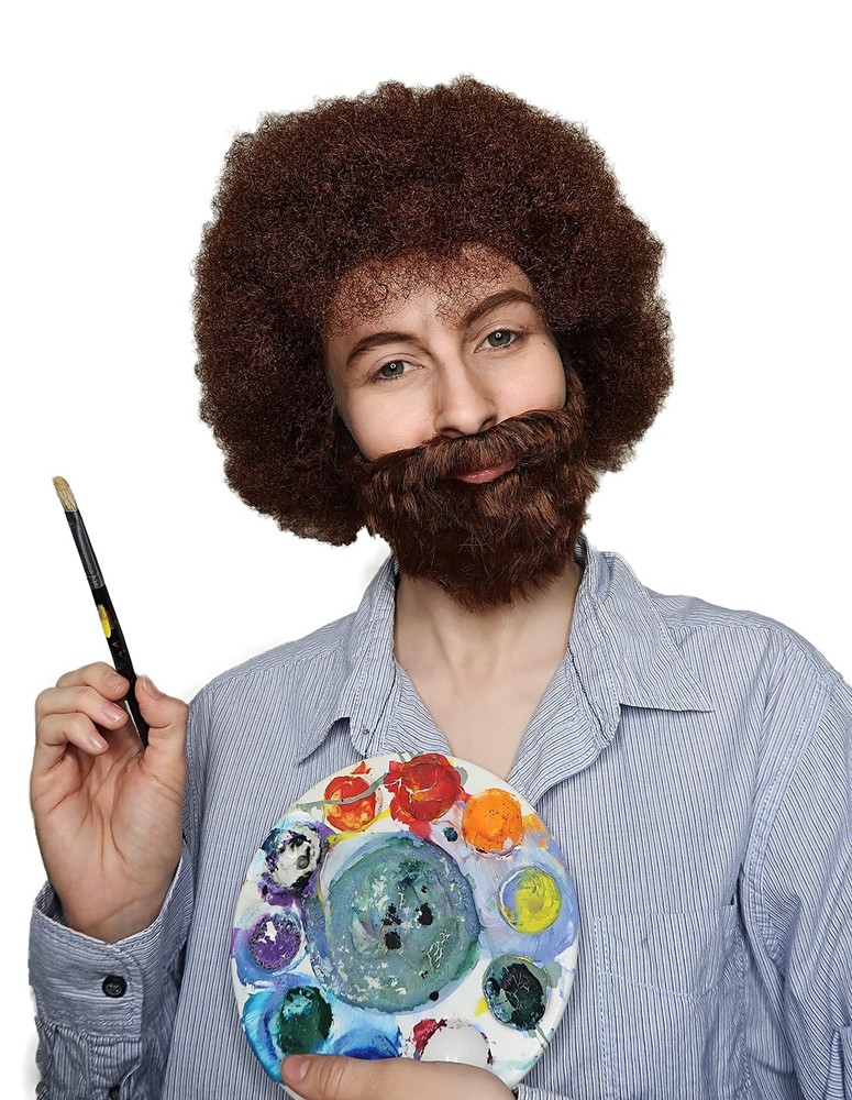 ALLAURA Compatible with Painter Ross Wig – 80s Curly Brown Afro Wig  Beard Se...