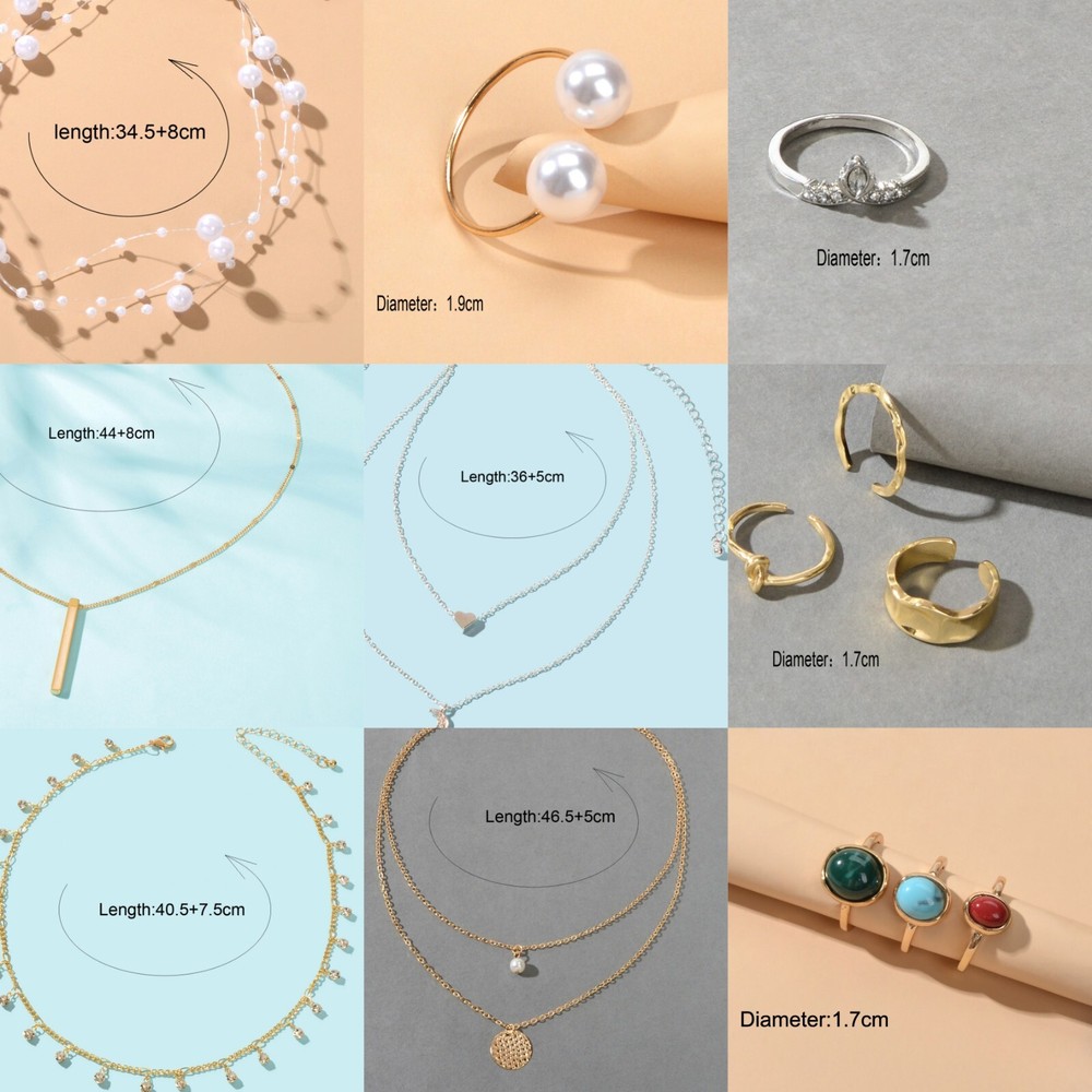 Rhinestone White Beads Collar Pendant Necklace Resin Multiple Stackable Ring set