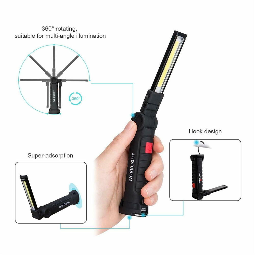 2PC USB Rechargeable COB LED Work Light Lamp Inspection Folding Torch Flashlight