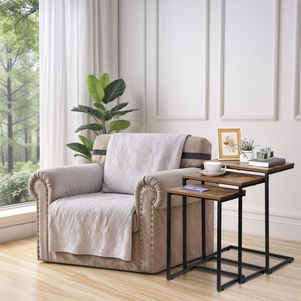 Nesting Coffee Table Set of 3 Stacking C-Shape Accent End Table with Metal Frame