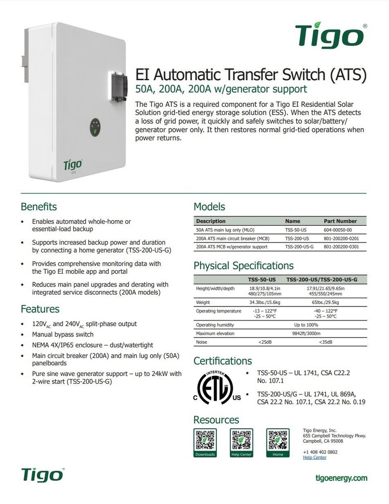 Tigo TSS-50-US Automatic Transfer Switch ATS 50A