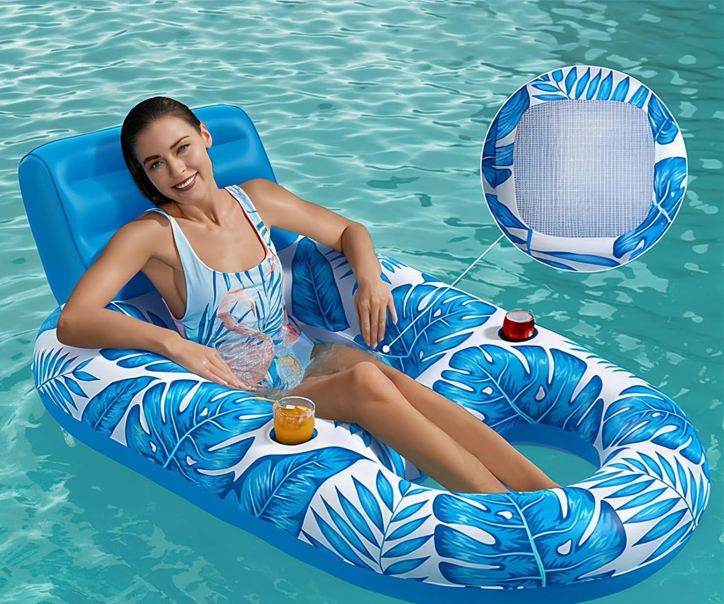 Adult Pool Lounger Recliner Float With Backrest Cup Holders--FREE SHIPPING!