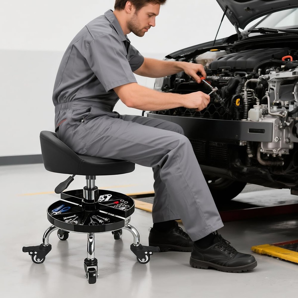 Rolling Work Stool with Storage Tray Height Adjustable Mechanics Seat Chair