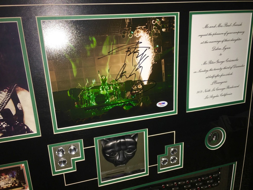 KISS Peter Criss signed photo display belt button card wedding invite PSA DNA